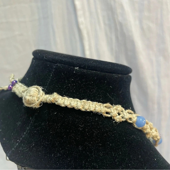 NWT Handmade by Me Macraméd Natural Hemp Purple & Blue Choker Necklace - Picture 7 of 10